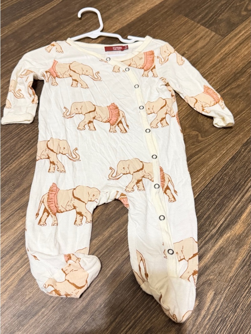 Milkbarn Cream Footed One-Piece with Peach Elephant Print